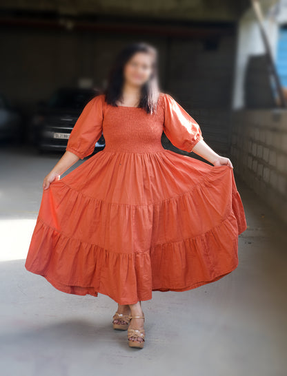 Smocking Bust Flare Dress (Fits S–5XL)