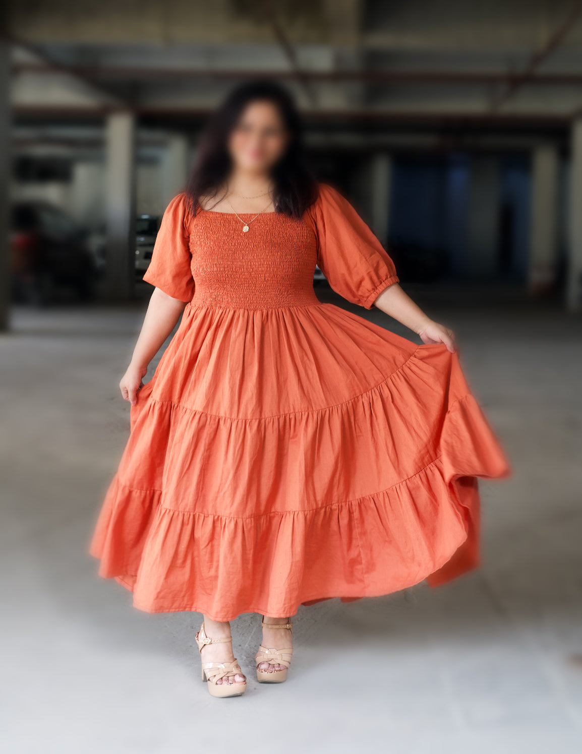 Smocking Bust Flare Dress (Fits S–5XL)