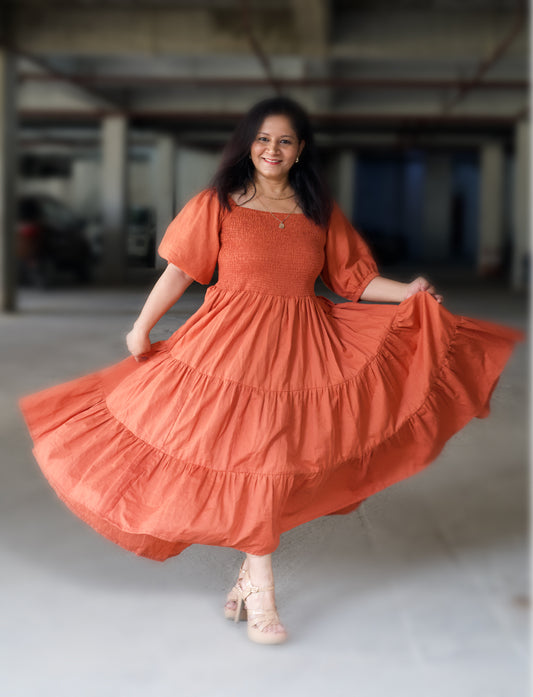 Smocking Bust Flare Dress (Fits S–5XL)