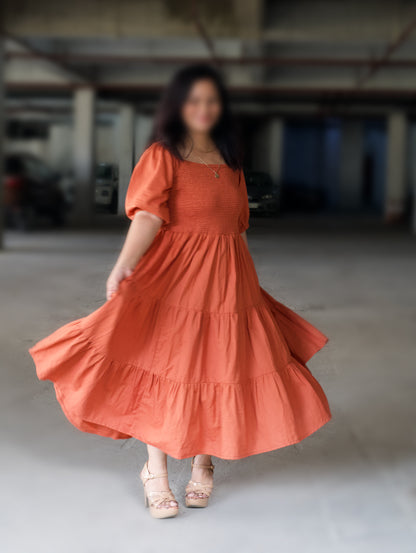 Smocking Bust Flare Dress (Fits S–5XL)