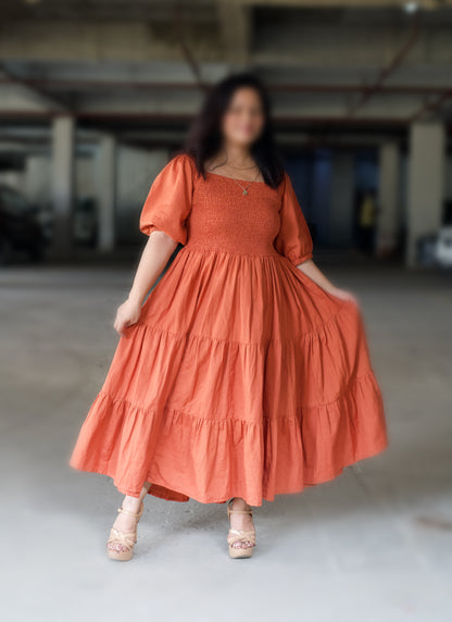 Smocking Bust Flare Dress (Fits S–5XL)