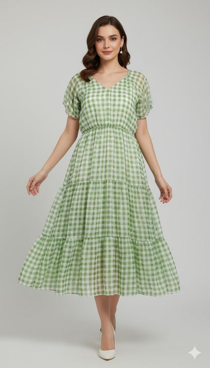Titliblush M Size Green Checks Dress